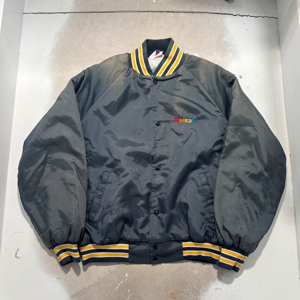 Vintage Westark Steelcase Satin Bomber Jacket Mens XL Navy Blue Rainbow Logo USA - Picture 2 of 6